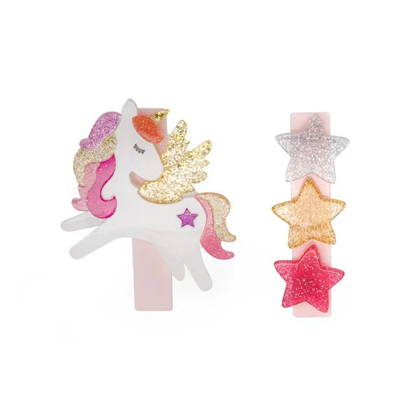 UNICORN WINGED CORAL STARS GLITTER HAIR CLIPS