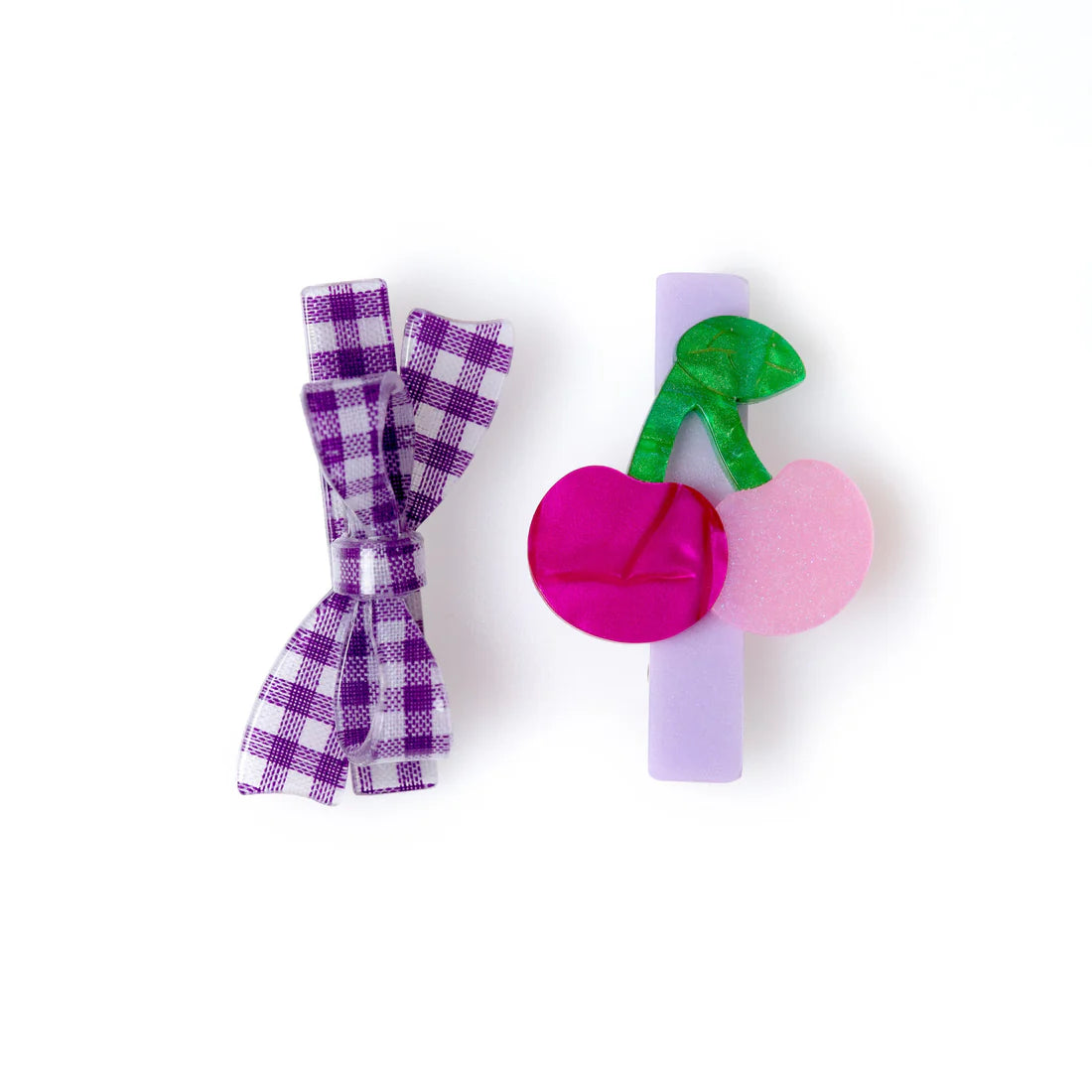 CHERRY & PURPLE CHECKERED BOW HAIR CLIPS -SPR