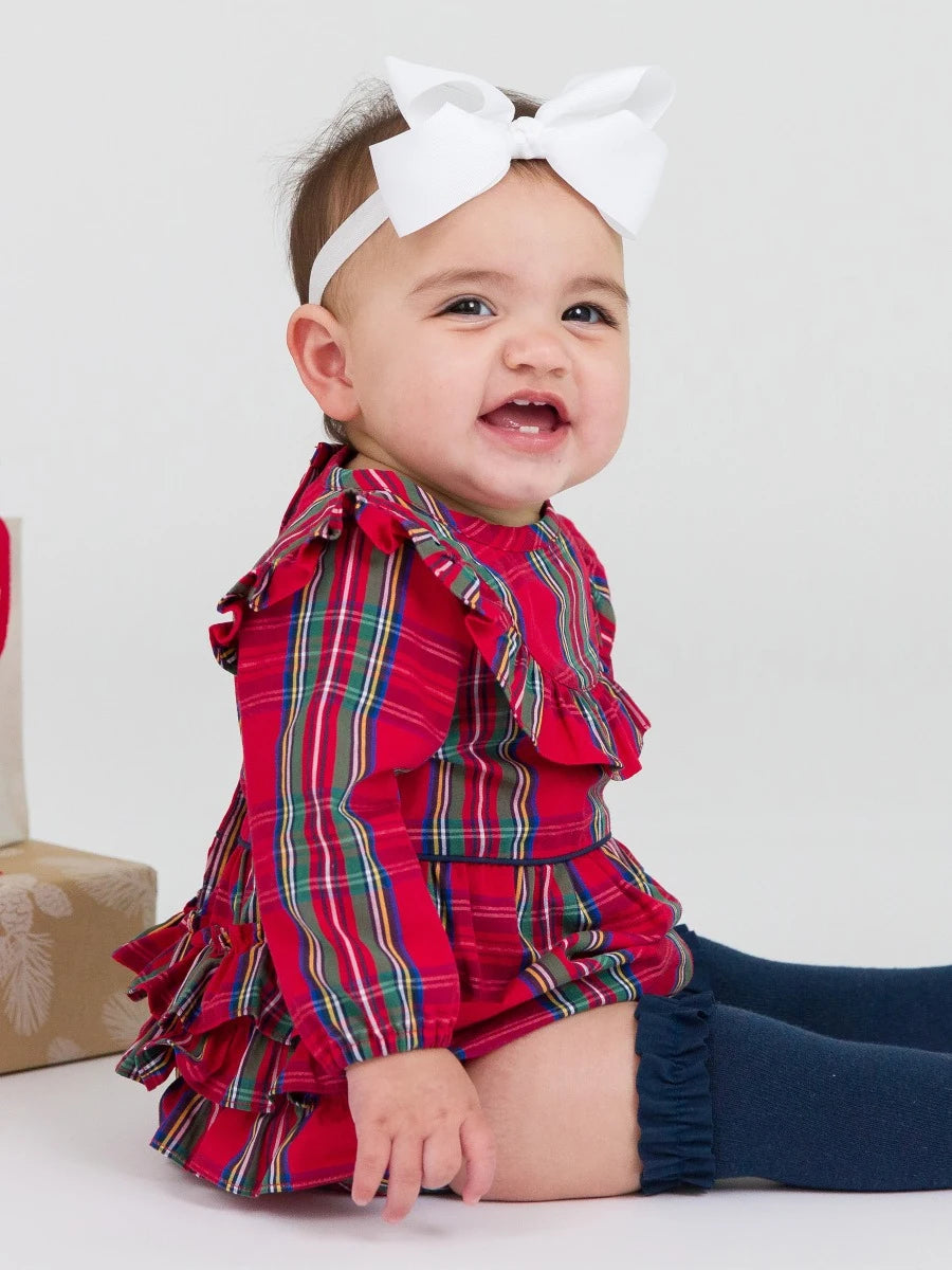 Long Sleeve Ruffle Trim Bubble Romper-Tis the season plaid