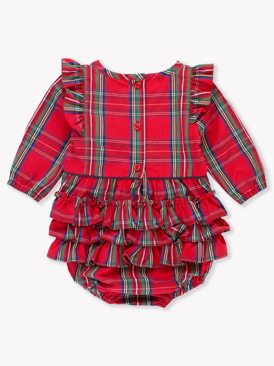 Long Sleeve Ruffle Trim Bubble Romper-Tis the season plaid