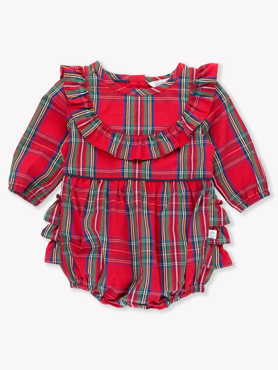 Long Sleeve Ruffle Trim Bubble Romper-Tis the season plaid