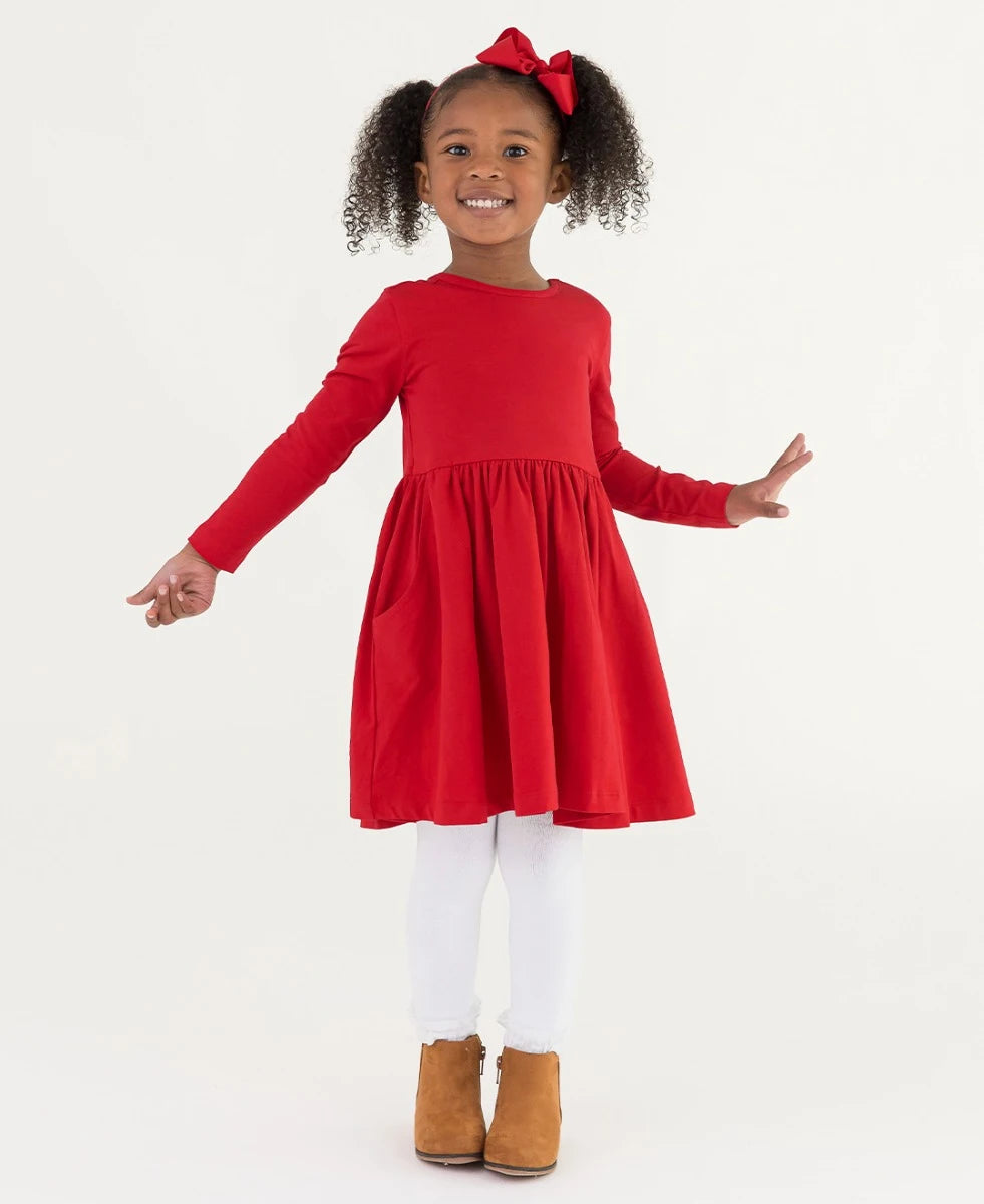 Knit Long Sleeve Twirl Dress- Red