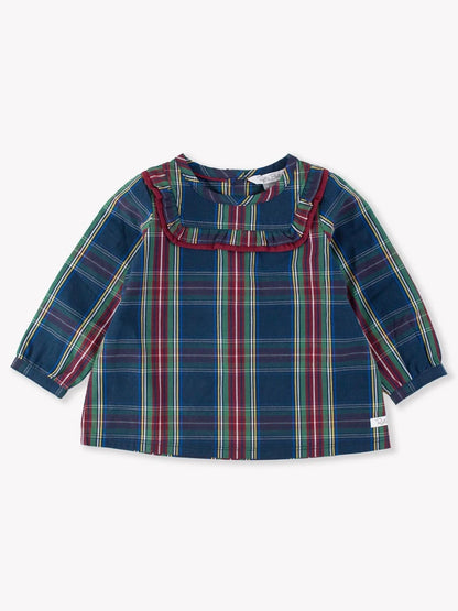 Long Sleeve Ruffle Yoke Top +winter nights plaid woven bow