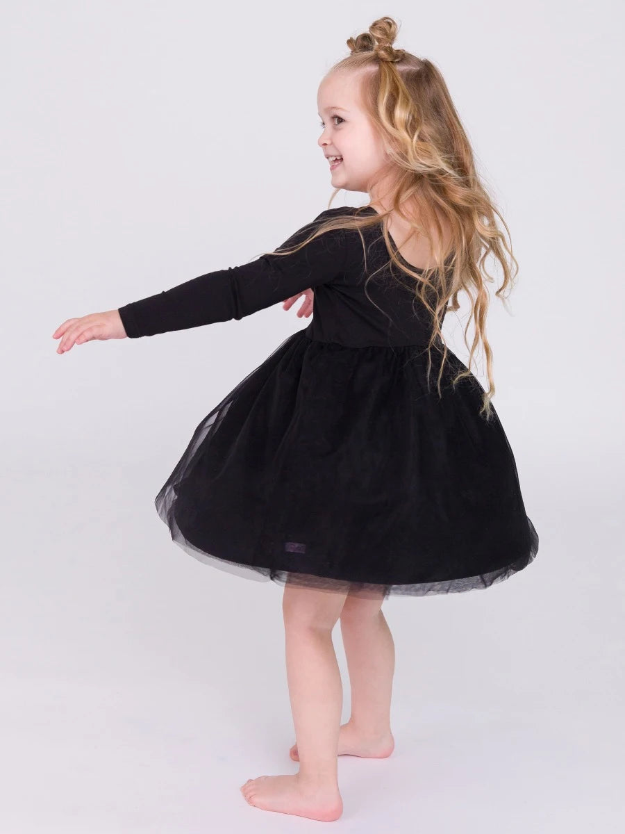 Long Sleeve Tulle Twirl Dress-Black