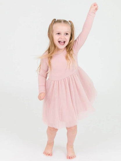 Long Sleeve Tulle Twirl Dress-Pale Mauve