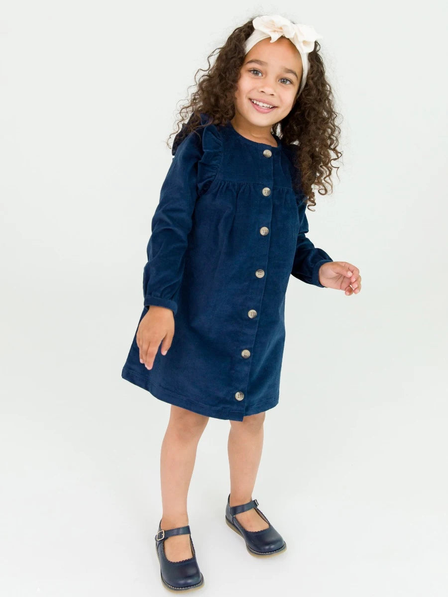 Stretch Corduroy Ruffle Detail Dress-Dark Navy