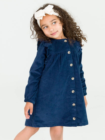 Stretch Corduroy Ruffle Detail Dress-Dark Navy