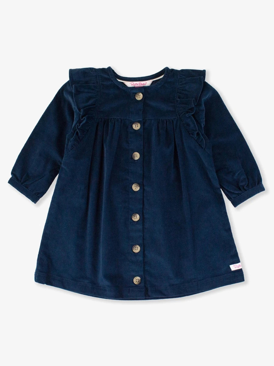 Stretch Corduroy Ruffle Detail Dress-Dark Navy