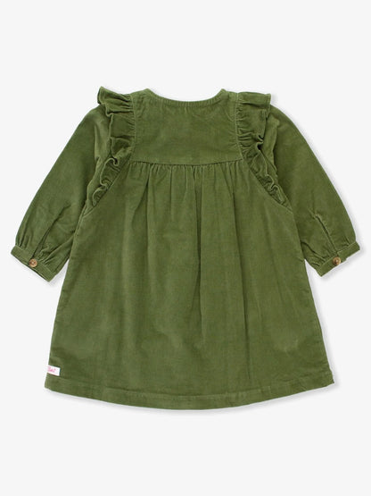 Stretch Corduroy Ruffle Detail Dress-Dusty Olive