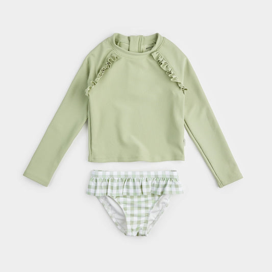 Ribbed Long-Sleeve Sage & Gingham Rashguard Set