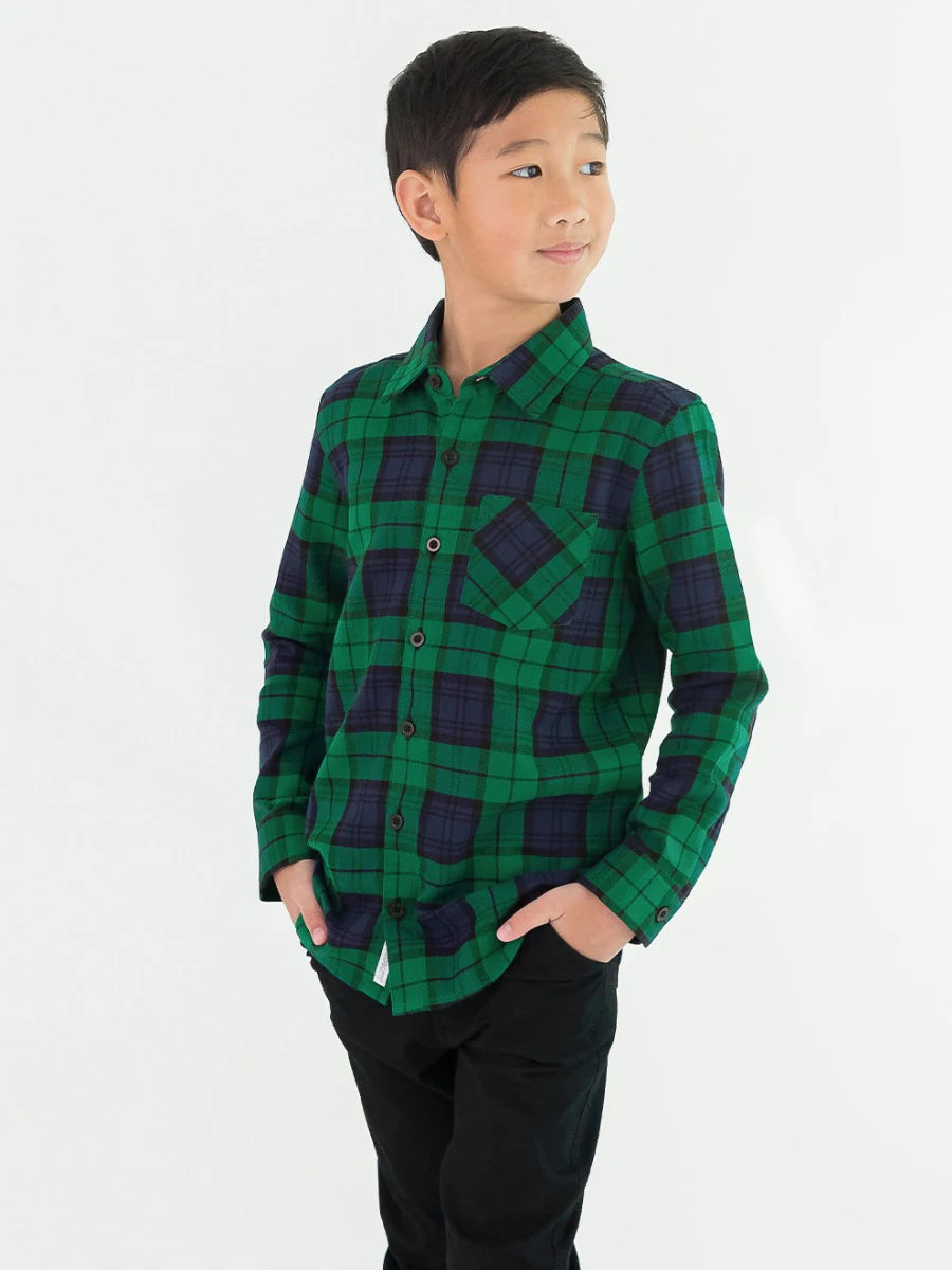 Long Sleeve Button Down Shirt-Hunter Plaid Flannel