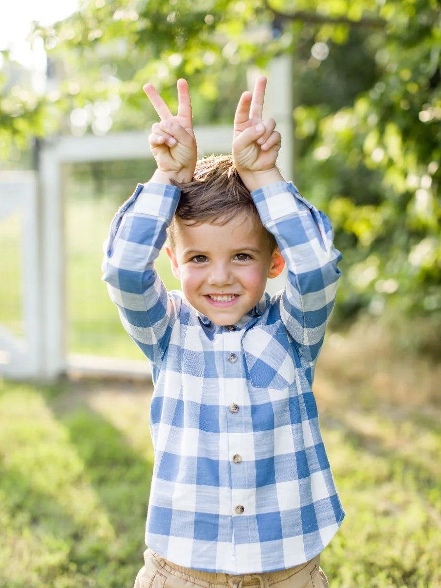 Long Sleeve Button Down Shirt-COUNTRYSIDE BLUE PLAID