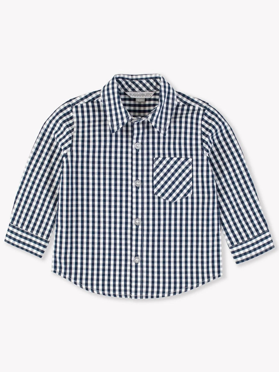 Long Sleeve Button Down Shirt-Dark Navy Gingham