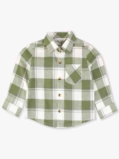 Flannel Long Sleeve Button Down Shirt-DUSTY OLIVE PLAID