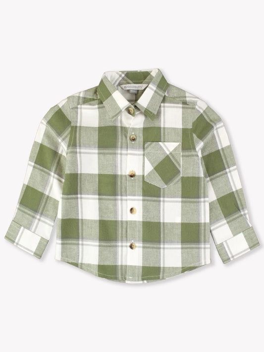 Flannel Long Sleeve Button Down Shirt-DUSTY OLIVE PLAID