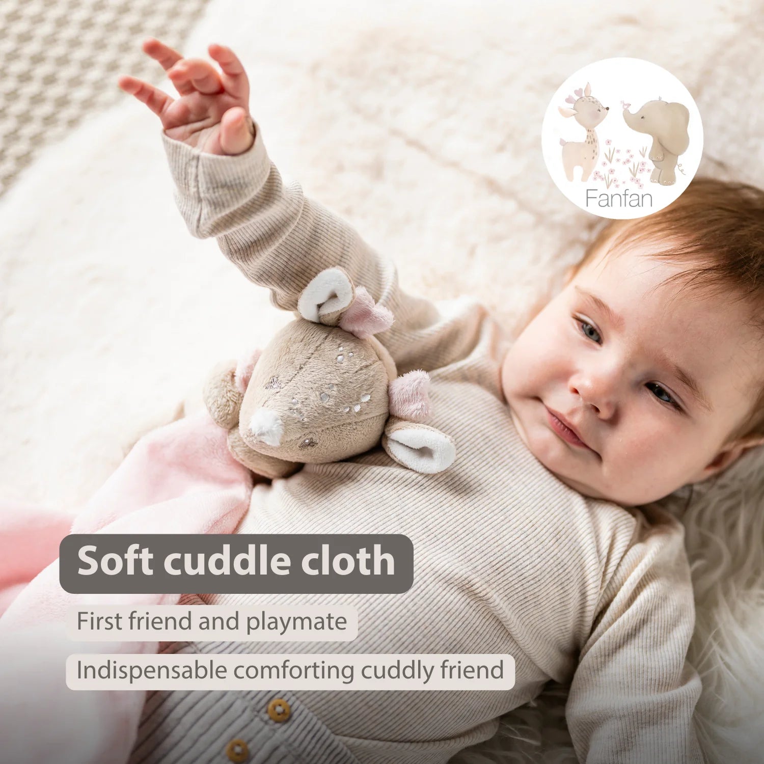 FanFan Baby Cuddle blanket with Cuddle - 27 x 27 cm - Doudou deer - Beige