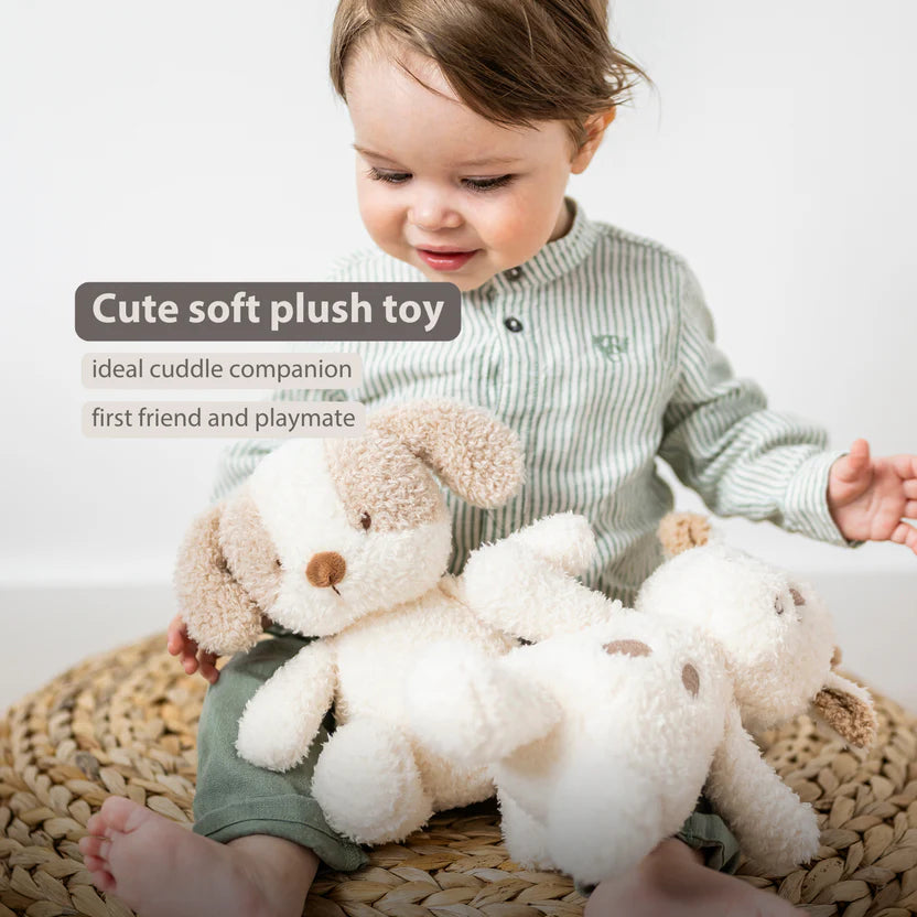 TEDDY Baby Plush Dog – 25 cm – Soft Baby Cuddle Toy – White & Beige