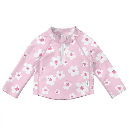 Long Sleeve Zip Rashguard Shirt- Light Pink Large Blossoms
