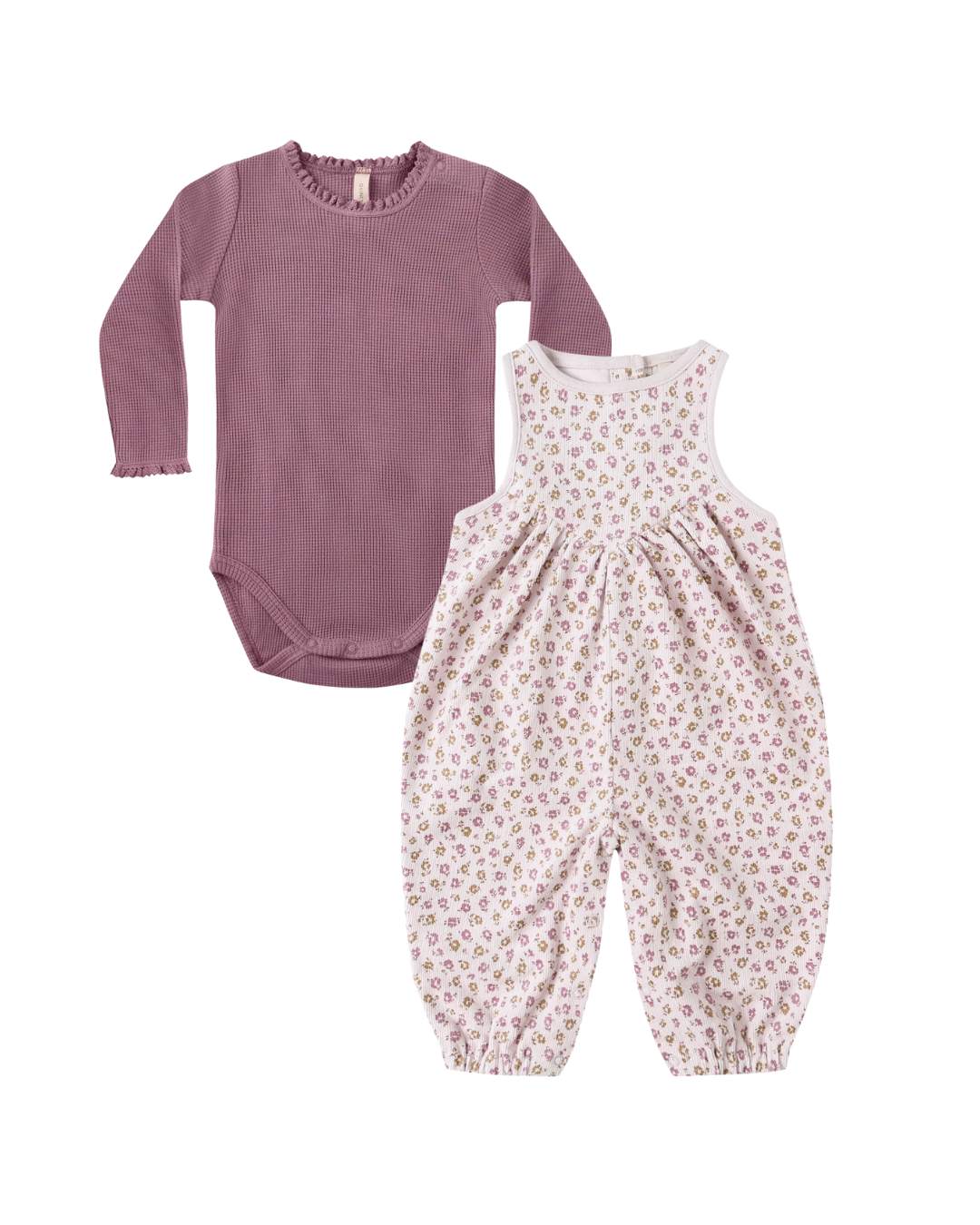 Waffle Long Sleeve Bodysuit Mulberry + Overall Wildflowers