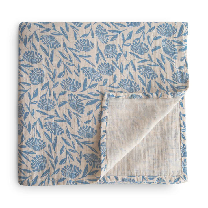 Organic Cotton Muslin Swaddle Blanket- Blue Flowers