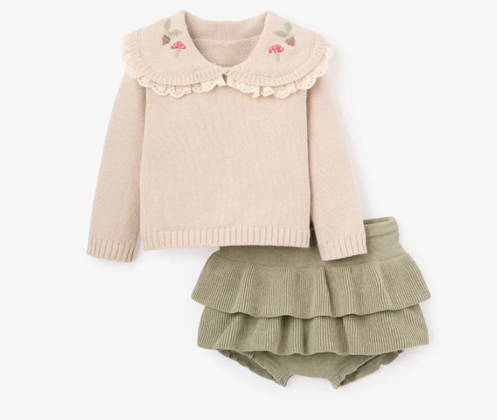 Mushroom Embroidered Collar Sweater + Skirt Set