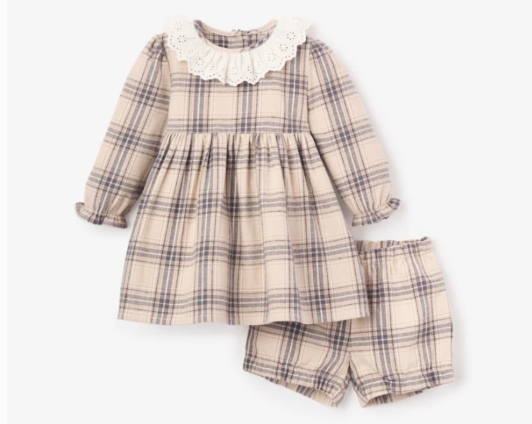 Neutral Plaid Eyelet Collared Dress + Bloomer