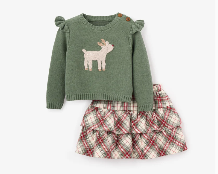 Reindeer Sweater + Winter Tartan Skirt Set