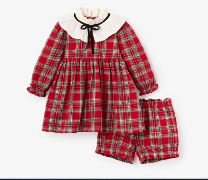 Holiday Red Tartan Dress w. Pleated Collar