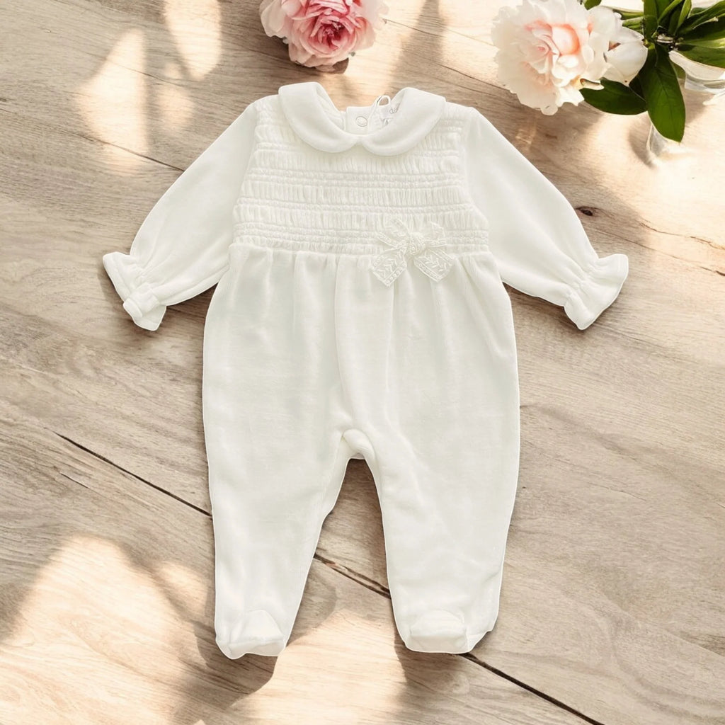 Velour Smocked Sleepsuit Off White