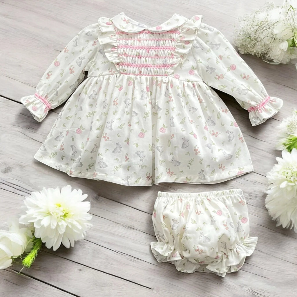Ivory & Pink Bunny Dress & Bloomers