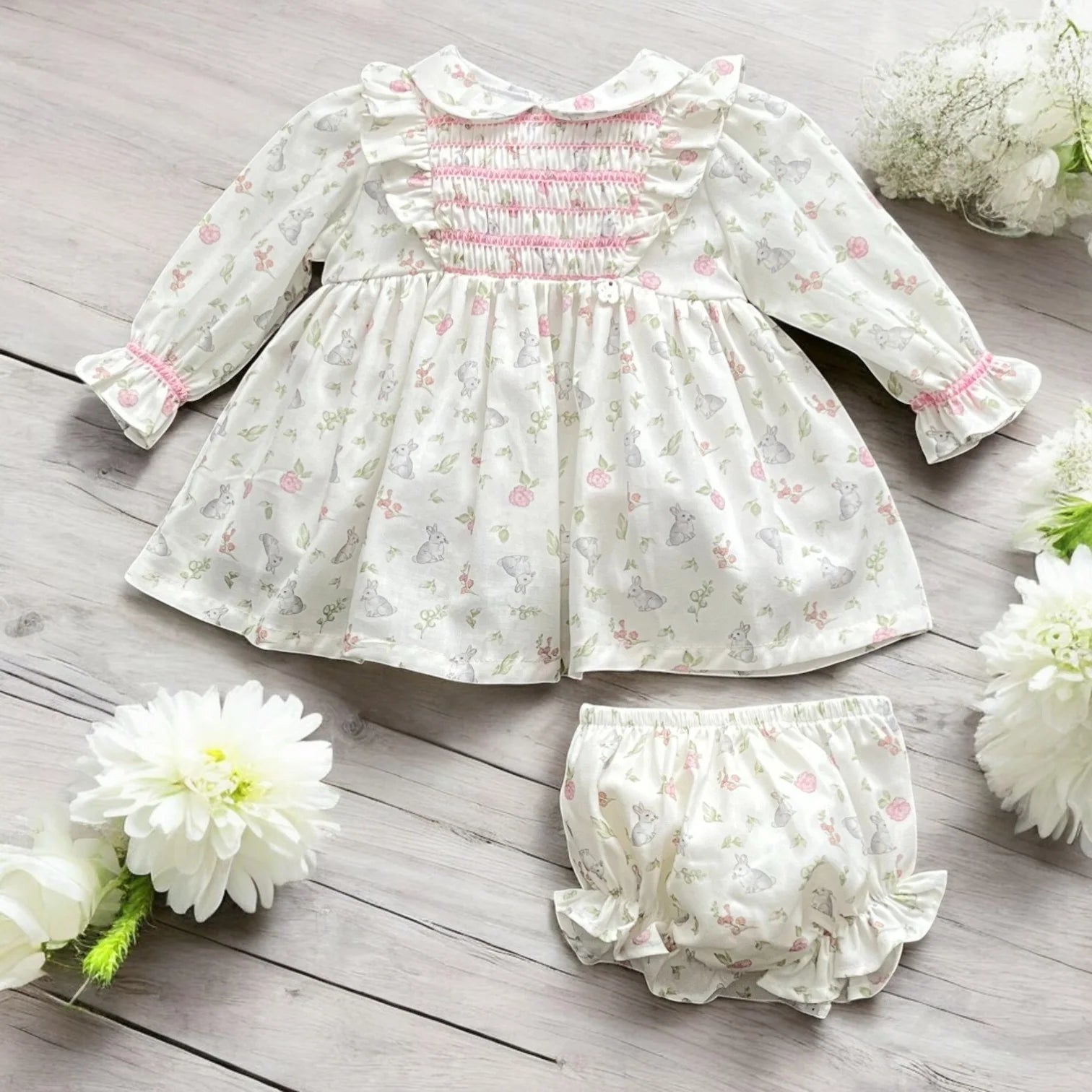 Ivory & Pink Bunny Dress & Bloomers