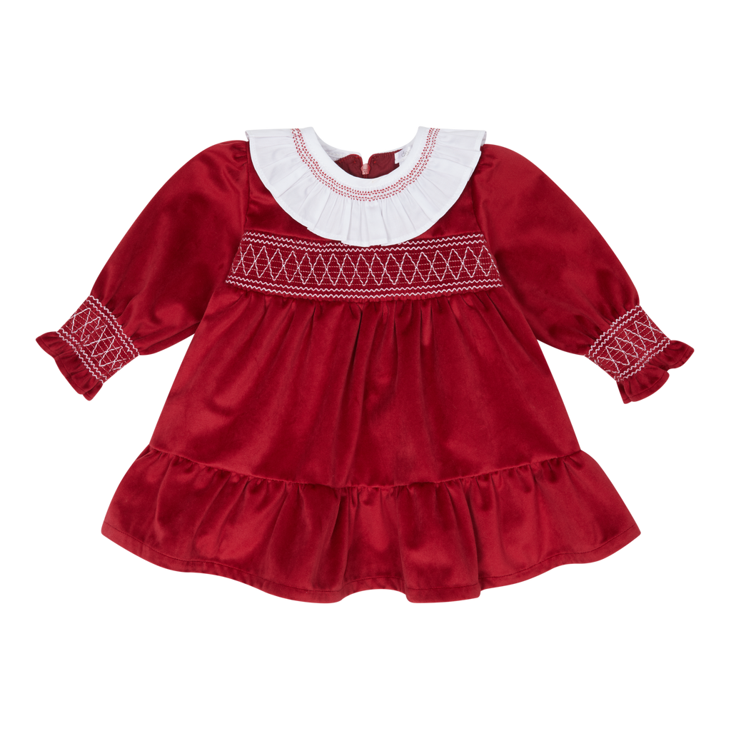 Girls Green & White Luxurious Velvet Smocked Dress