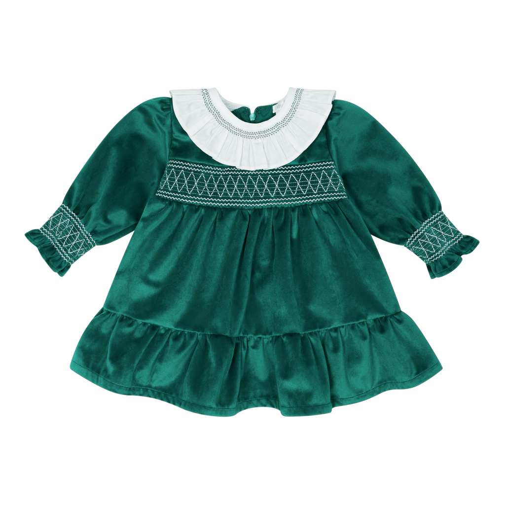 Girls Green & White Luxurious Velvet Smocked Dress