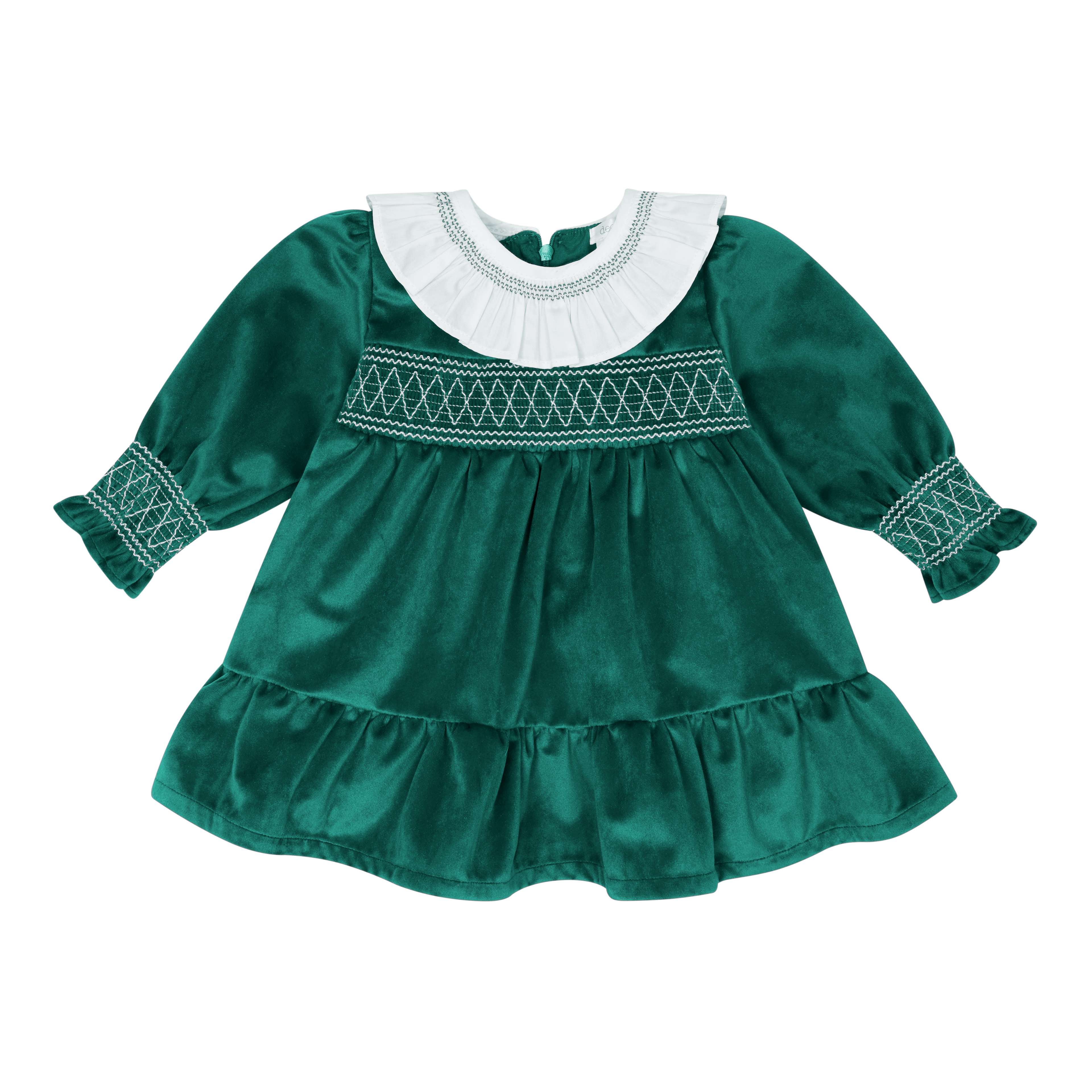 Girls Green & White Luxurious Velvet Smocked Dress
