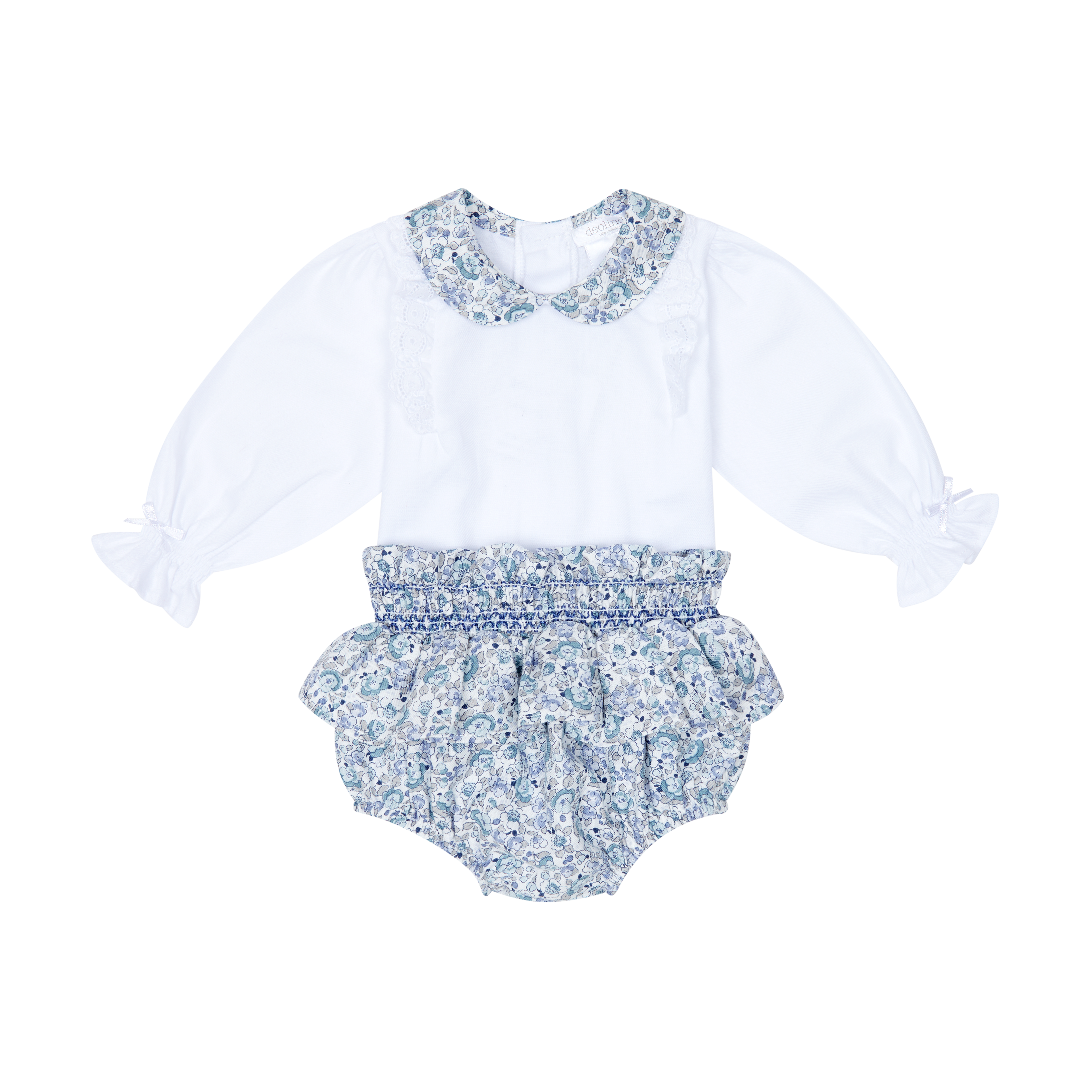 Arabella Dusky Blue Floral Blouse & Smocked Bloomers