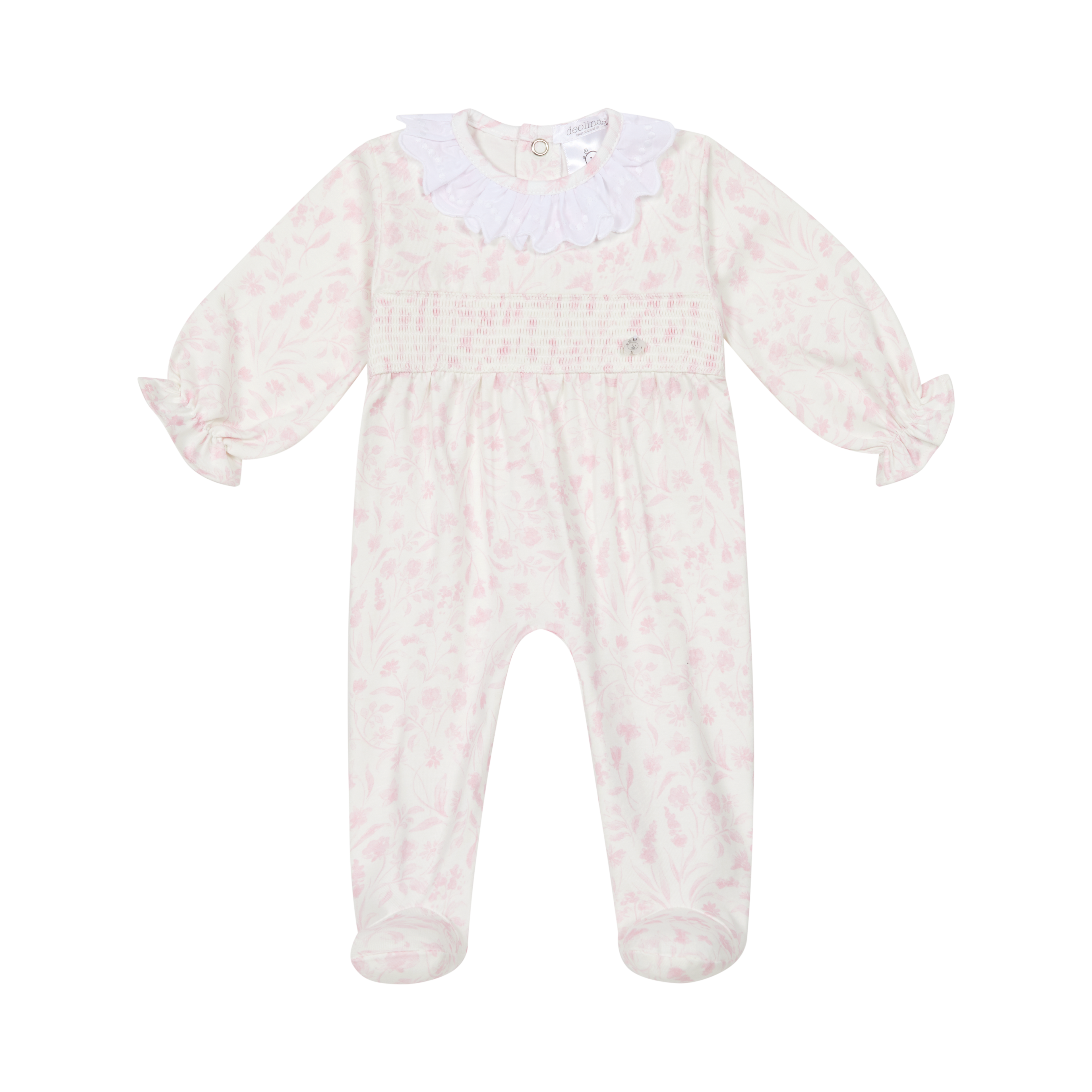 Pink Floral Smocked Sleepsuit with Broderie Anglaise Collar