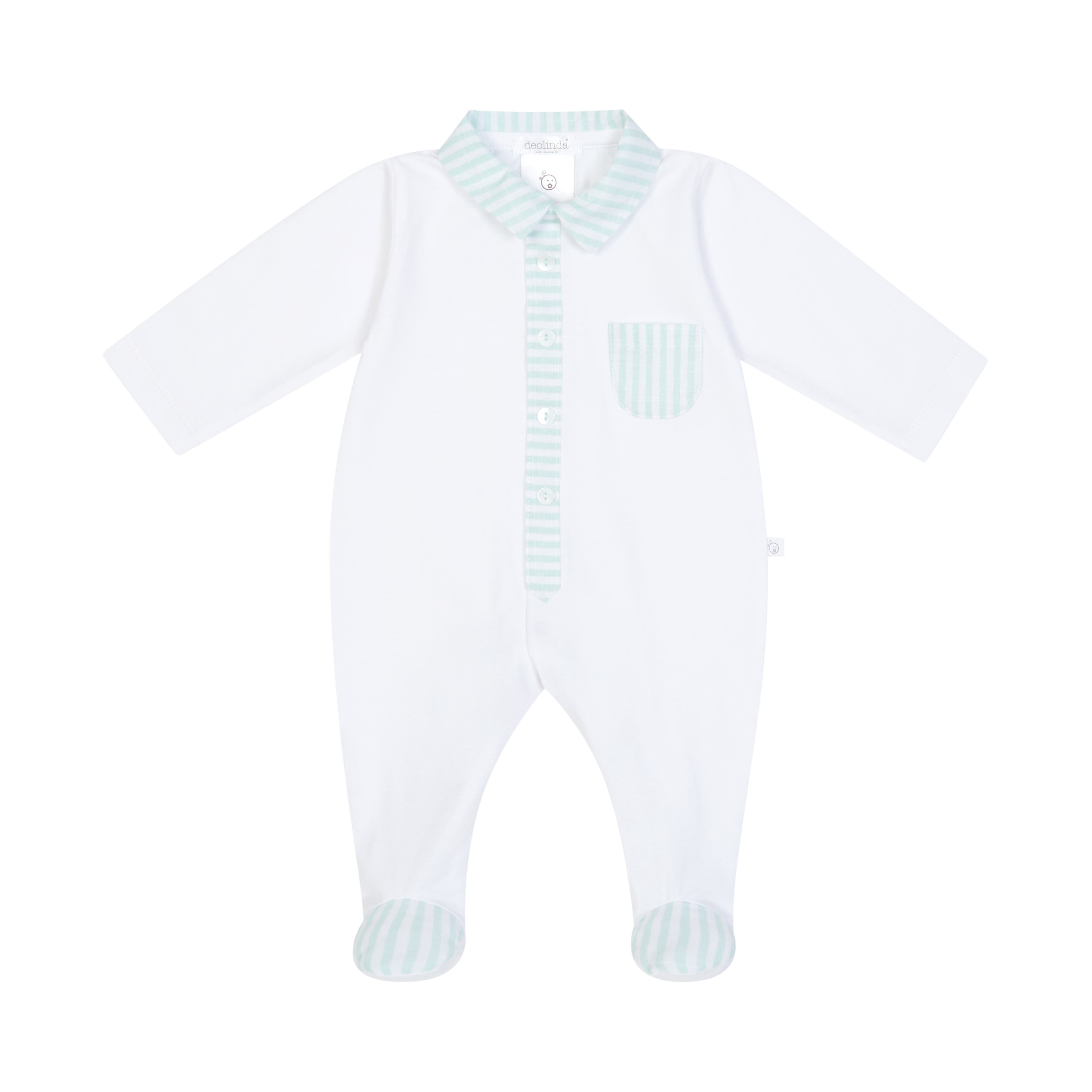White & Aqua Stripe Trim Sleepsuit