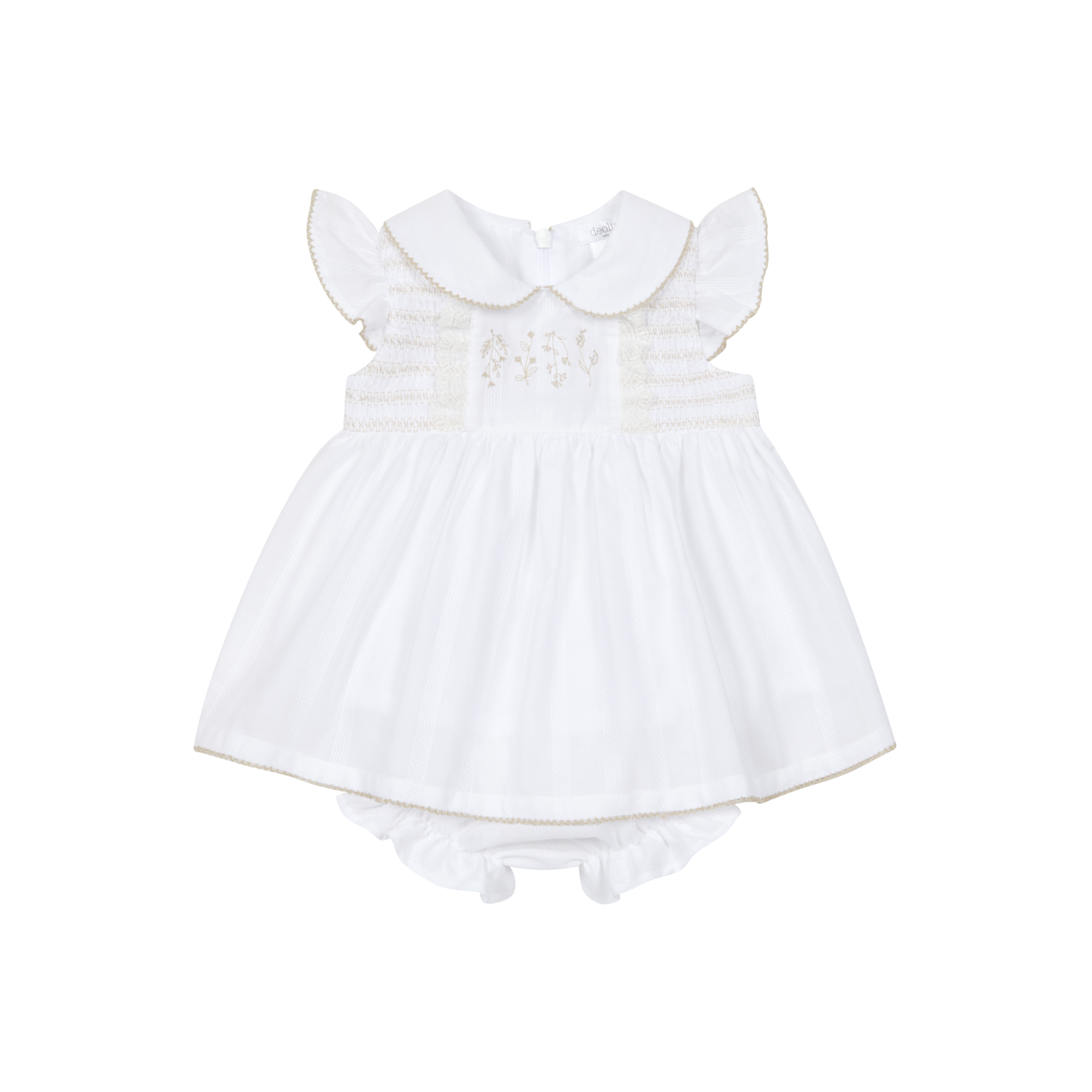 Cream & Champagne Smocked Floral Dress & Panties Set