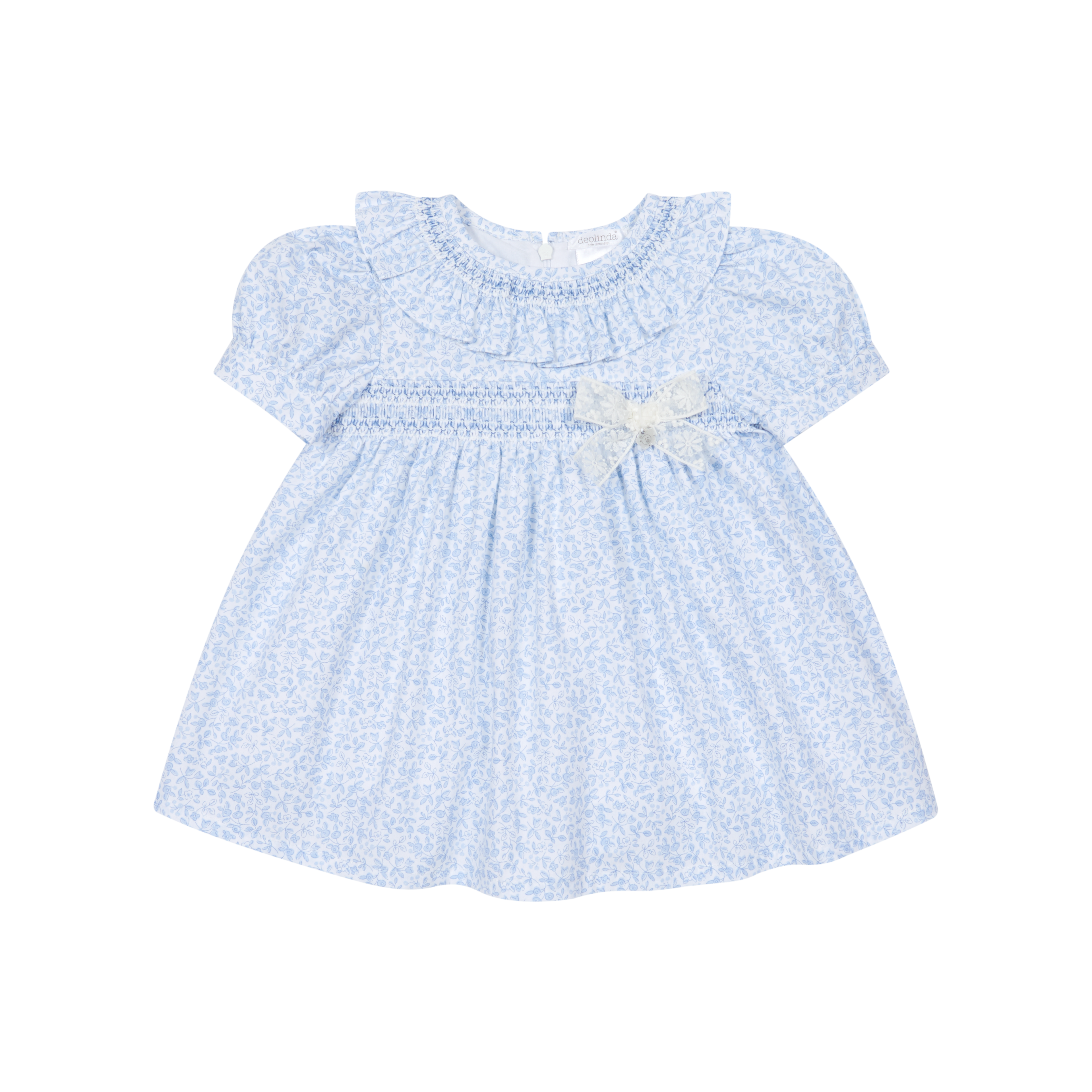 Iris Blue Smocked Dress with Lace Bow