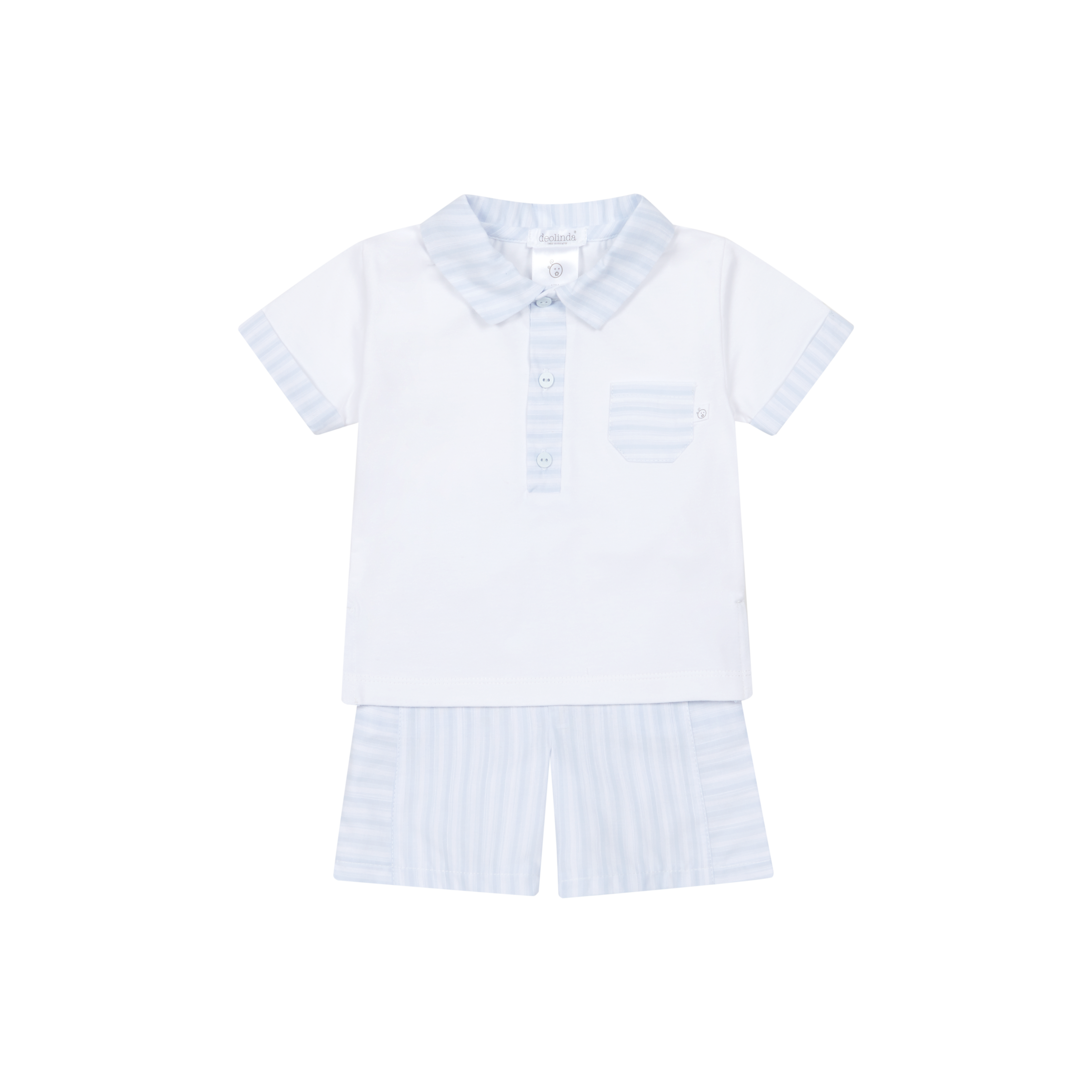 White Polo & Blue Stripe Shorts Set