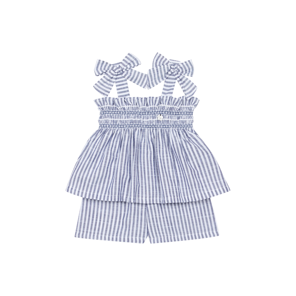 Blue & White Striped Smocked Bow Top & Shorts Set