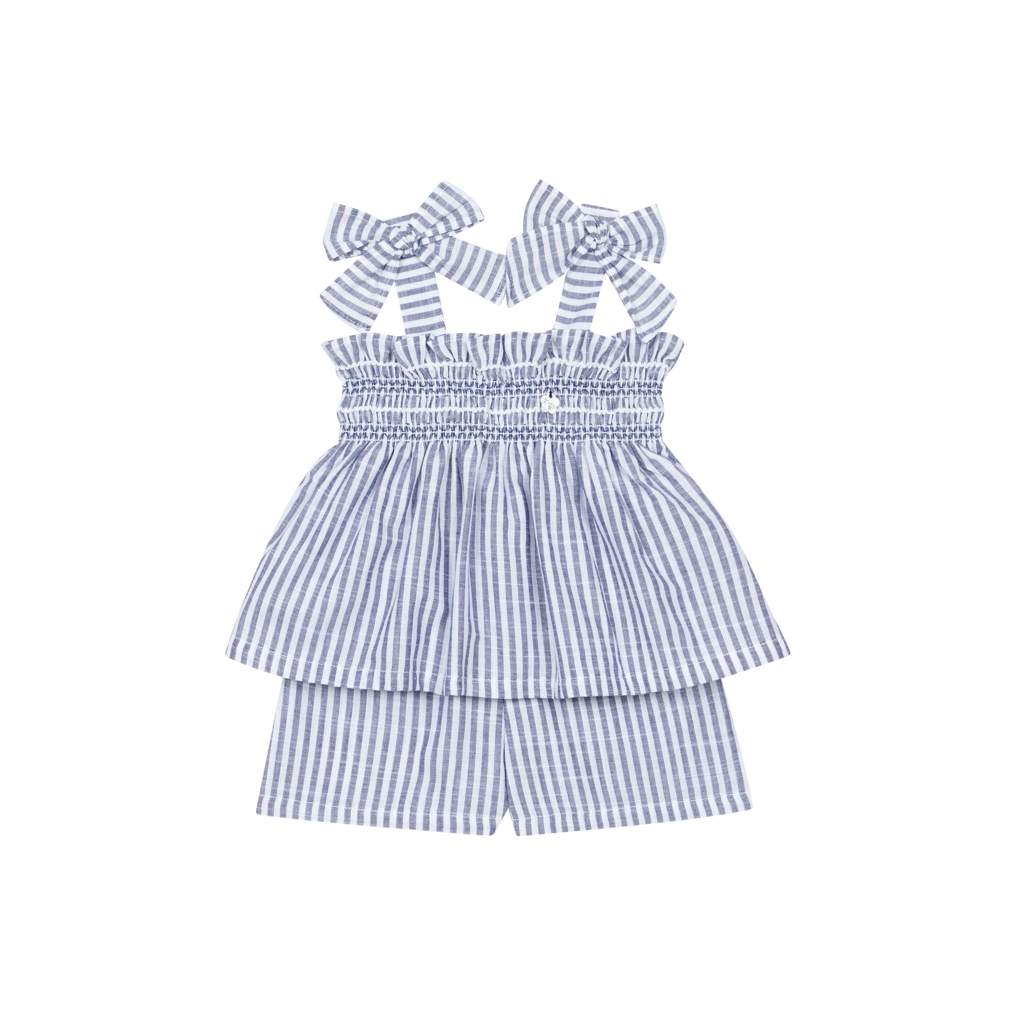 Blue & White Striped Smocked Bow Top & Shorts Set