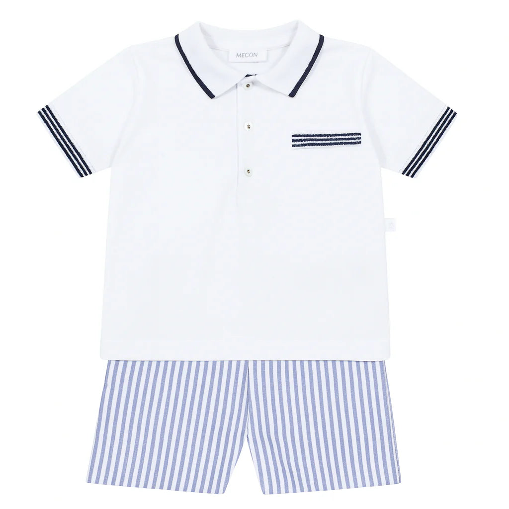 White Polo & Blue Striped Shorts Set