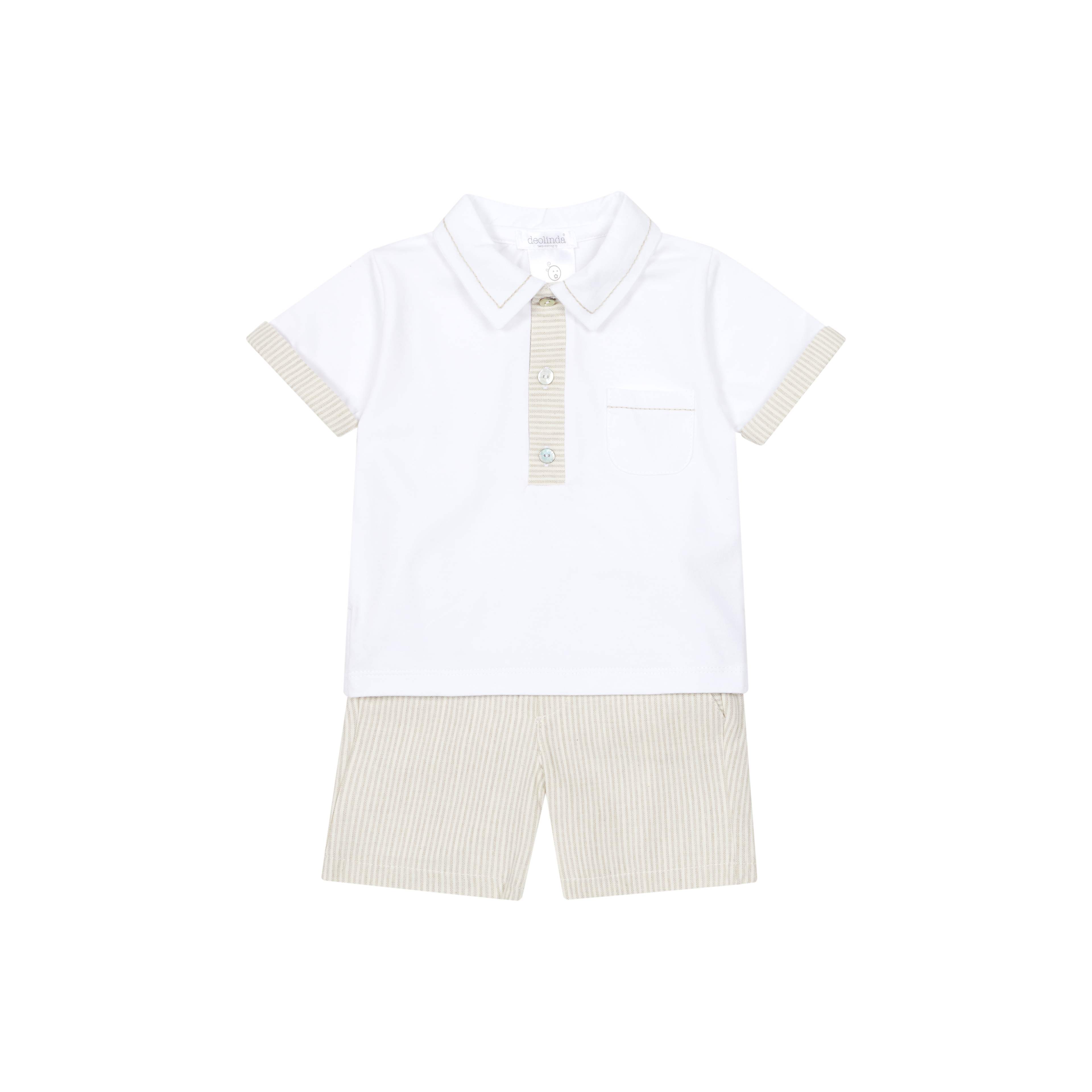 White Polo & Beige Stripe Shorts Set