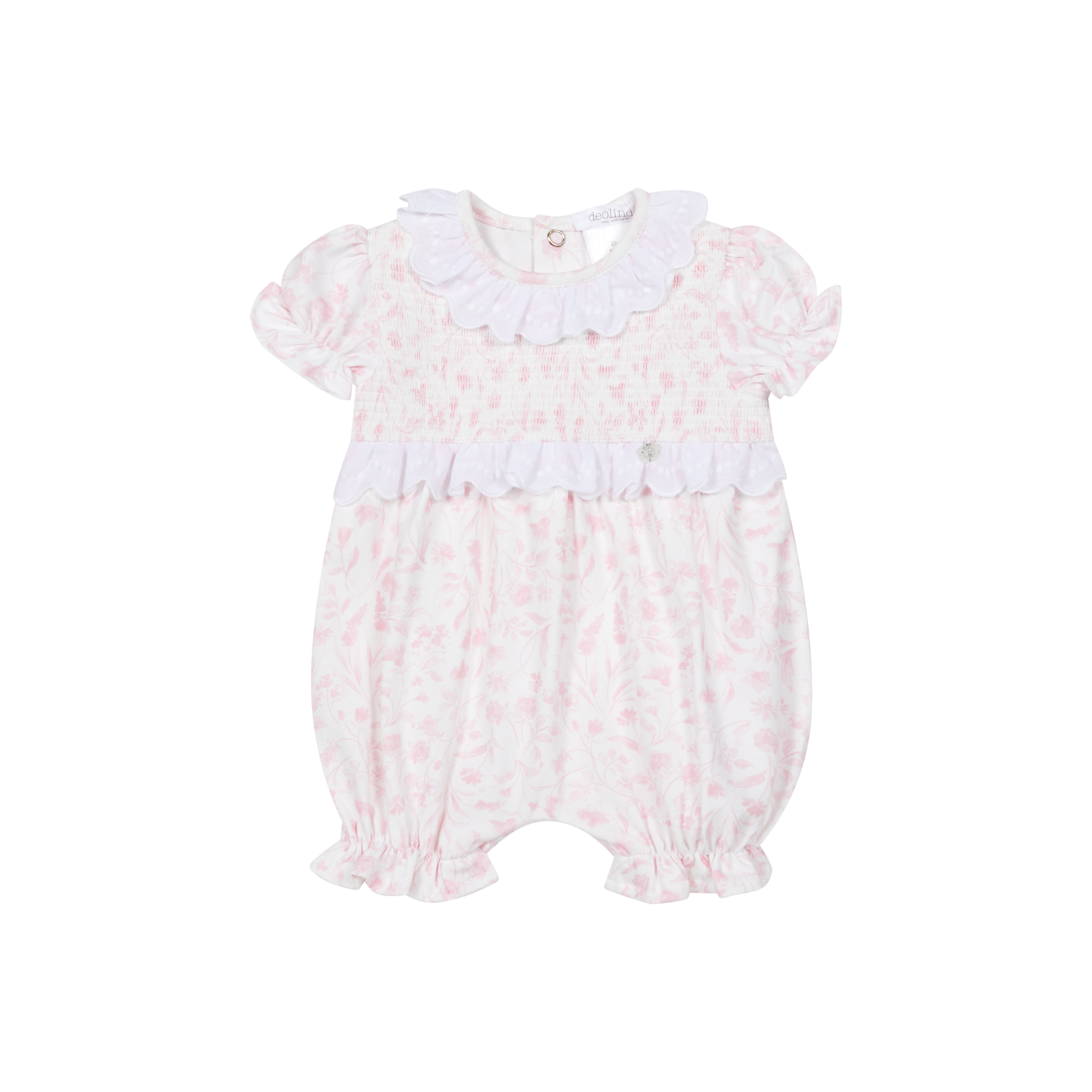 Pink Floral Smocked Romper with Broderie Anglaise Trim