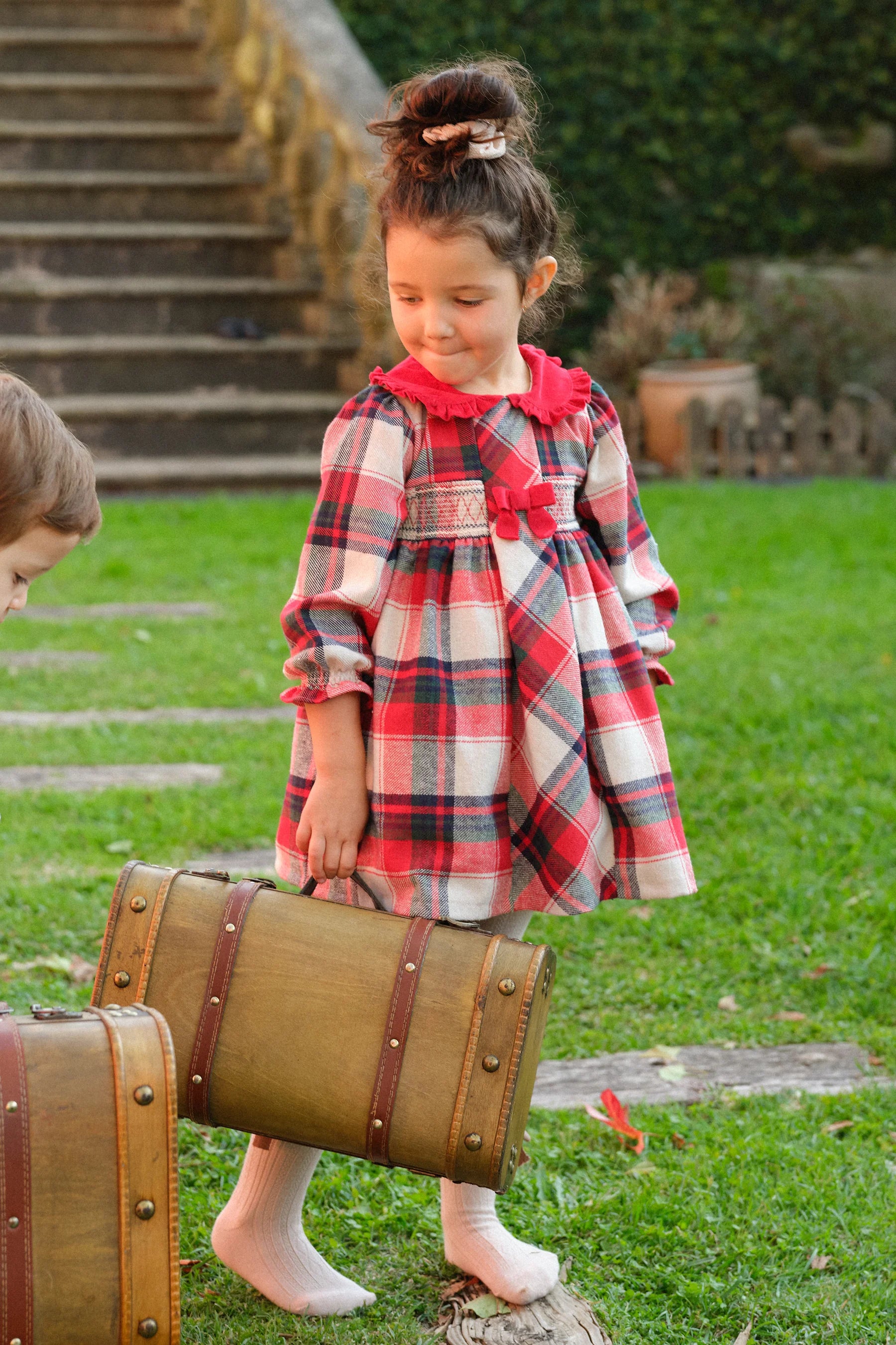 Red & Stone Tartan Smocked Dress