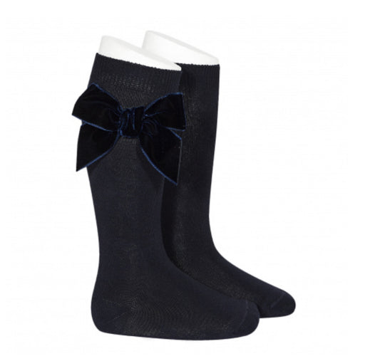 Cotton knee socks with side velvet bow Navy Blue