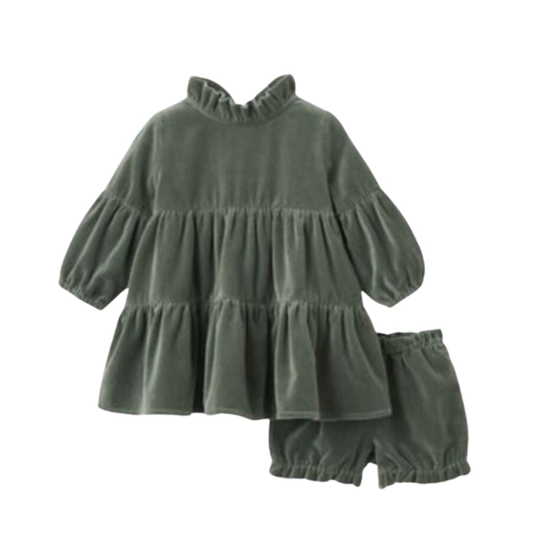 Green Velveteen Ruffle Collar Dress