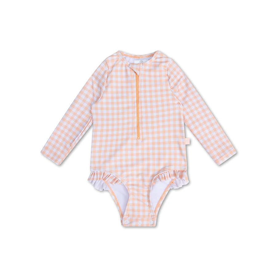 Sunset Grid | Girls UV Swimsuit with long sleeves in Orange/White