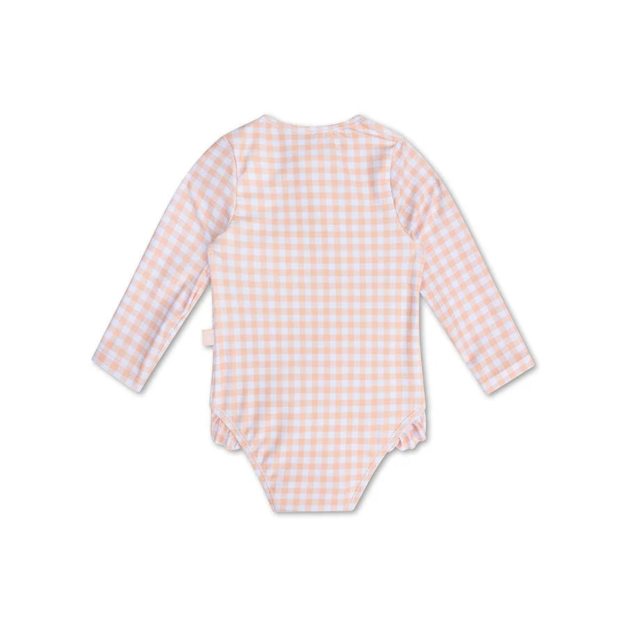 Sunset Grid | Girls UV Swimsuit with long sleeves in Orange/White